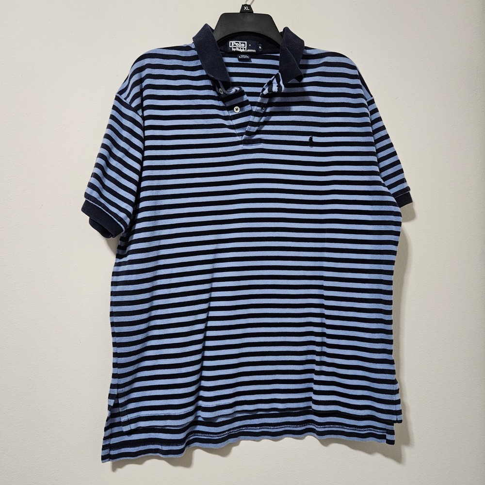Polo Ralph Lauren Mens Large Blue Striped Short Sleeve Cotton Polo Shirt